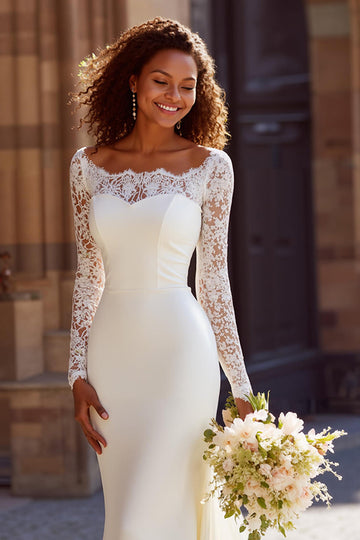 Robe de mariée à manches longues traîne de sirène blanche avec dentelle